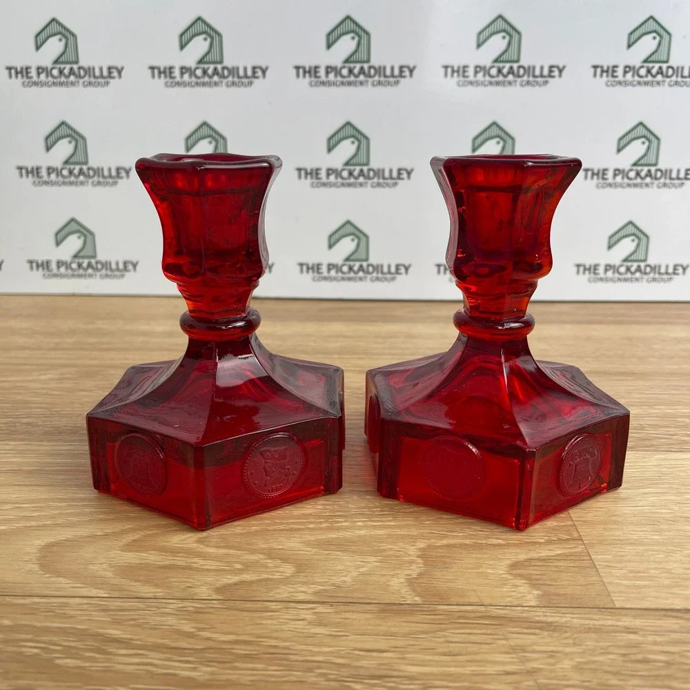 Vintage Ruby Red Glass Coin Candlestick Holders Hexagon Liberty Bell Set of 2
